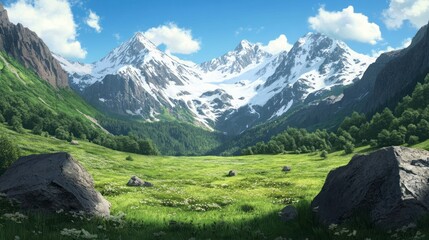 Obraz premium Stunning mountain landscape with green meadows and blue sky 