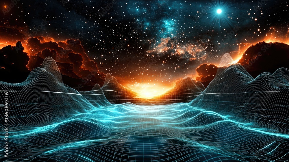 Poster abstract cyber particles glowing in a fluid wave pattern against a deep-space backdrop.