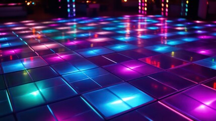 Futuristic disco dance floor glows with vibrant lights. Colorful neon lights illuminate geometric shapes creating energetic effect. Abstract patterns shine on floor creating dynamic visual.