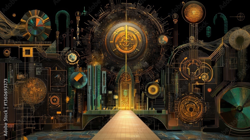 Poster abstract cybersecurity illustration with hacking defense symbols and digital encryption locks.