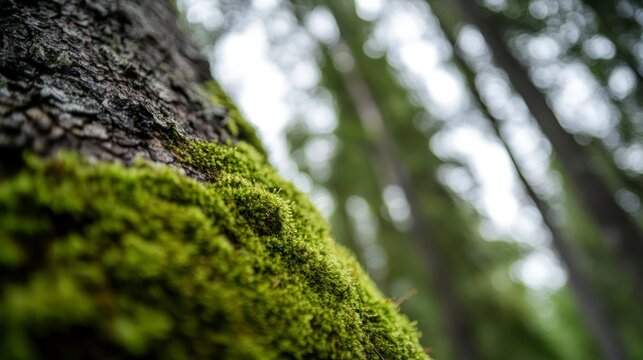 Close-up of moss growing on tree bark in a lush green forest  
