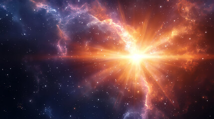 Fototapeta premium Cosmic radiance unfolding across the celestial expanse as rays of light emanate from a distant star, illuminating the darkness of space , astronomical, space. Celestial Unfolding. Illustration