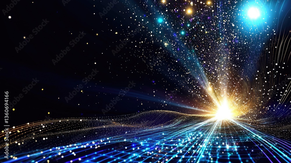 Poster abstract futuristic background with floating dots and light streaks representing connectivity.
