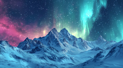 Glittering aurora borealis-like phenomenon unfolding above a snow-covered mountain range, snowy, radiant, mountainous. Celestial Unfolding. Illustration