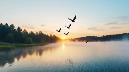 Obraz premium Birds Sunset Lake Nature Tranquil Scene