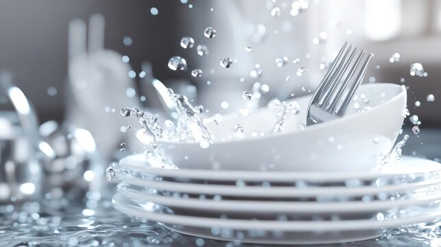 Clean white dishes stacked with water splashing around, soap bubbles. Water droplets, fork, knife on top of dishes. 3d illustration captures shine, clarity of dishes after thorough washing. Scene