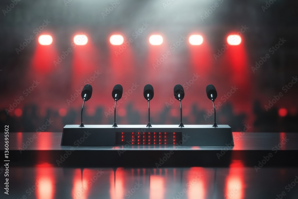 Poster modern political podium with microphones ready for impactful speeches in a dynamic atmosphere genera