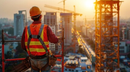 Worker on scaffolding overlooking cityscape at sunset