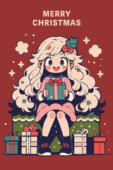 A girl sitting on the gift with christmas