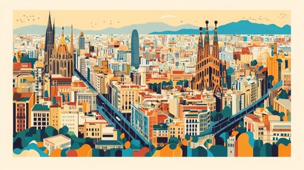 A set of travel posters featuring Barcelonaâ€™s city map and skyline. 