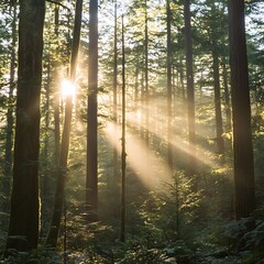 Sunlight streams through dense towering trees in a beautiful forest