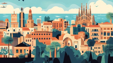 A set of travel posters featuring Barcelonaâ€™s city map and skyline. 