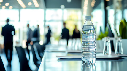 Stay hydrated at meetings: A clear water bottle on the table during a business event, ready for attendees.