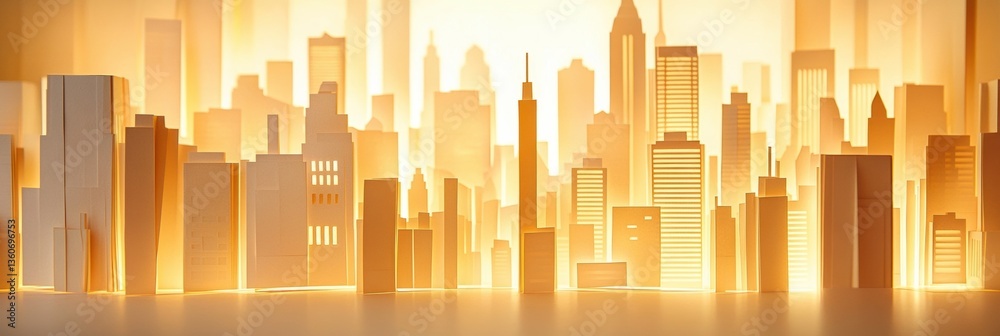 Poster stunning layered paper city skyline showcasing modern urban architecture with warm lighting effects 
