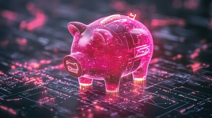 Digital Piggy Bank on Circuit Board: Secure Online Banking and Financial Technology Concept with Glowing Pink