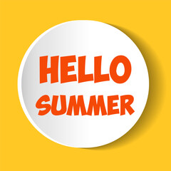 A round design displays the phrase 'Hello Summer' in bold orange letters on a bright yellow background