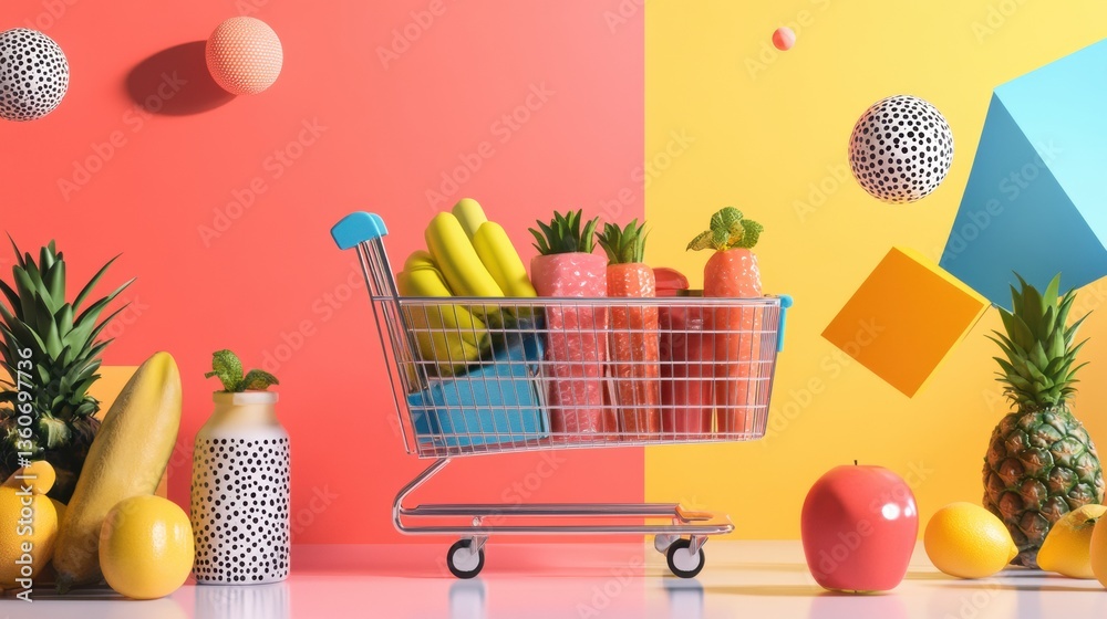 Poster stylish abstract grocery shopping theme featuring colorful geometric shapes and vibrant fruits in a 