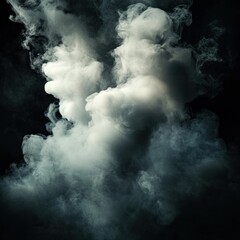 Dramatic smoky clouds against a dark background.  Dense, billowing, ethereal, white and gray smoke plumes rise and swirl in an abstract, dynamic display against a black backdrop