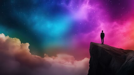Fototapeta premium Spiritual tech and consciousness connection, A silhouette of a person standing on a cliff under a vibrant cosmic sky filled with colorful auroras.