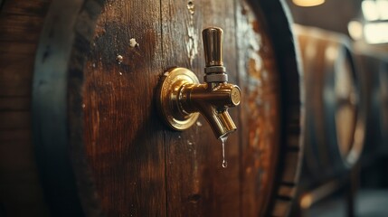 Obraz premium Wooden barrel tap dripping in brewery setting 