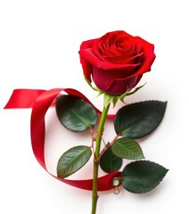 Obraz premium Single red rose with elegant ribbon, isolated on pure white backdrop, close-up, anniversary, floral