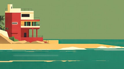 Coastal modern house, ocean view, tropical beach, calm waves, vacation rental