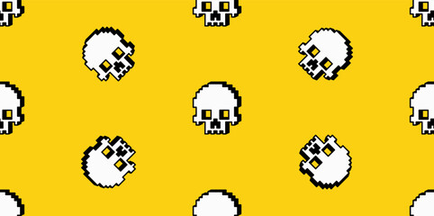 Pixelated white skull seamless pattern on yellow background in 8 bit retro style. Nostalgic gaming and cyber aesthetic, perfect for digital art, wallpapers, and Halloween designs. Vector illustration.