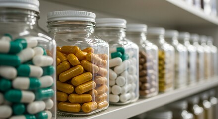 Jars of various colored pills neatly arranged on a shelf