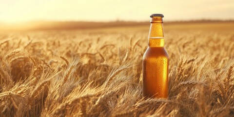 Beer bottle standing in golden wheat field at sunset  