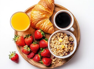 Enjoying Breakfast with Croissant, Coffee, Strawberries, and Granola on Tray