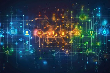 Futuristic renewable integration illustration featuring digital network lines eco icons and vibrant color blocks in a modern vector style Integration modern bold