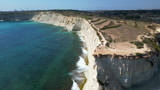 Aerial drone view, Marsaskala area from Munxar Path. Malta