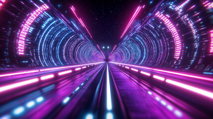 Futuristic tunnel of glowing data streams in vibrant magenta and blue, AI and neural data highway concept
