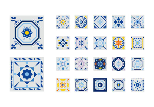 Blue Yellow Floral Talavera Ceramic Mexican Folk Illustration Set