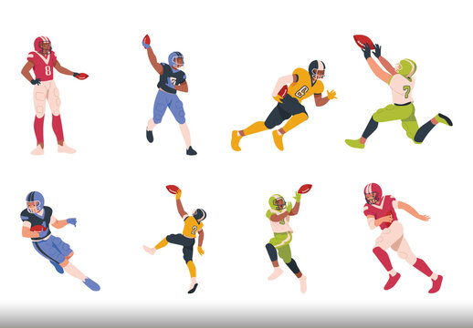 Colorful Action American Football Sport Athlete Illustration Set