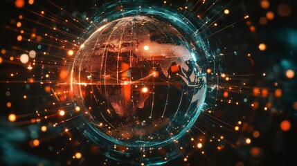 Obraz premium Global tech icon shows interconnected world. Globe represents global business connected by modern network lines, digital tech. Global communication represented. Digital transformation. Futuristic