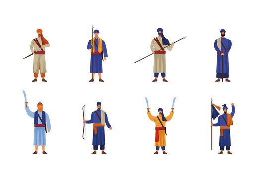 Colorful Traditional Warrior Character Costume Illustration Set