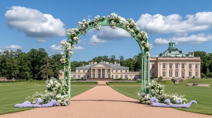 Fototapeta premium Romantic Palace Wedding Archway: Hydrangeas Frame a Picturesque Estate