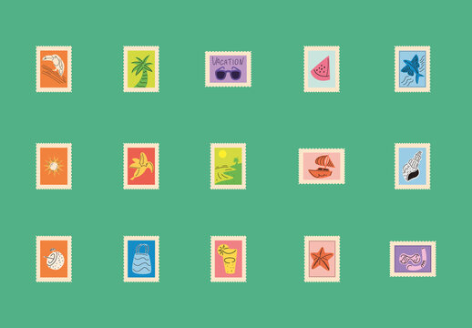 Colorful Vintage Summer Travel Beach Postage Stamp Illustration Set
