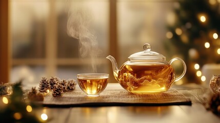Fototapeta premium Hot tasty tea is served. Healthy drink. Relaxation.