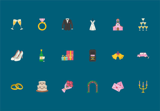 Colorful Wedding Celebration Rings Cake Dress Church Illustration