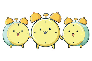 Fototapeta premium 3D render of four distinct pastel yellow alarm clocks with cute faces, representing time and reminders in a playful and colorful style