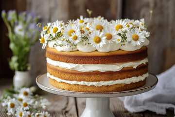 rustic sponge cake layered with fluffy cream and fresh daisy flowers, charming homemade dessert on wooden table