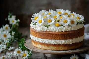 rustic sponge cake layered with fluffy cream and fresh daisy flowers, charming homemade dessert on wooden table