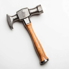 High-Angle Close-up of a Vintage Metal Hammer with Wooden Handle