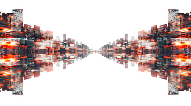 Abstract Digital Cityscape Futuristic Technology Background Glowing Lights Symmetrical Desig