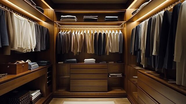 Elegant walk in closet with bespoke wooden wardrobes and well organized clothes system