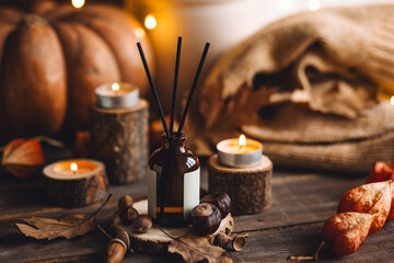 Concept of cozy fall home atmosphere, aromatherapy. Perfume, appartment aroma reed diffuser with autumn scent of pumpkin pie, cinnamon, anise. Room decor with pumpkins, wool plaid, scented candles.