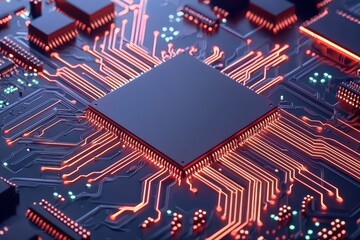 Intricate circuit board design with neon accents