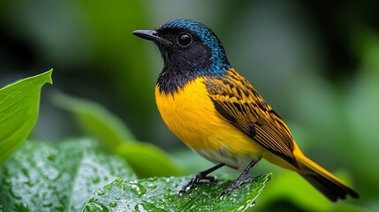 Fototapeta premium Vibrant Yellow and Black Bird Stunning Tropical Nature Photography Wildlife Exotic Bird Beautiful Feathers Detailed Closeup Vivid Colors Lush Green 